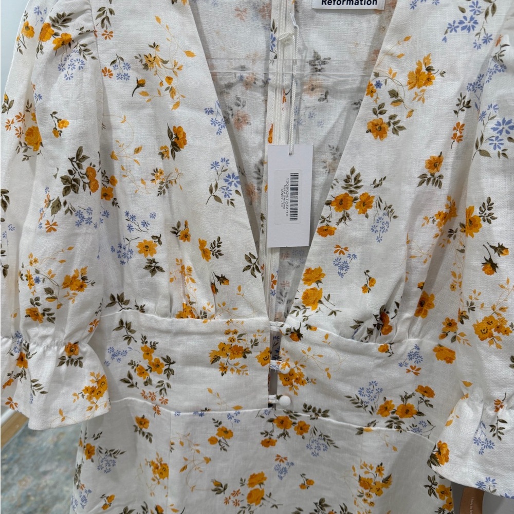Reformation Cream Midi Dress with Yellow & Blue Floral Print - Picture 6 of 7